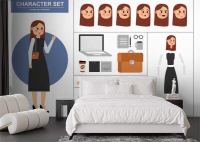 3\4 view animated characters. Office woman character constructor with various views, face emotions, poses, gestures and office tools. Cartoon style, flat vector illustration Wall mural